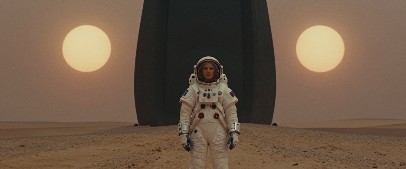 First Contact: a woman in a spacesuit standing before a colossal black monolith in an alien desert with two suns