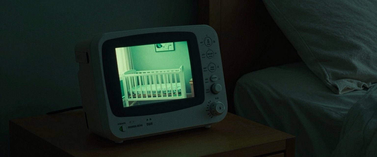 Monitor: a baby monitor on a bedside table glowing green in a dark bedroom, its small screen showing an empty cot