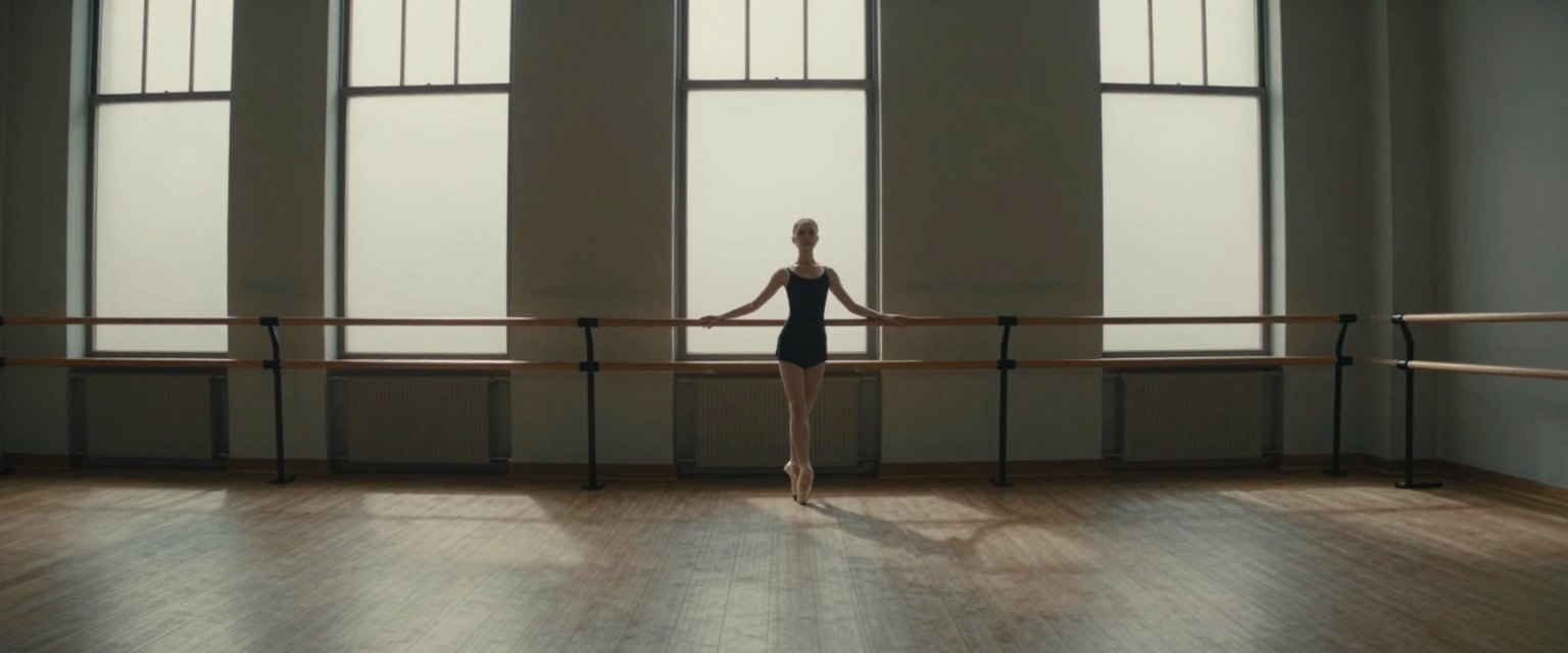 Rehearsal: a ballerina stretching alone at a barre in a big rehearsal studio, tall windows throwing long shafts of light across the wooden floor