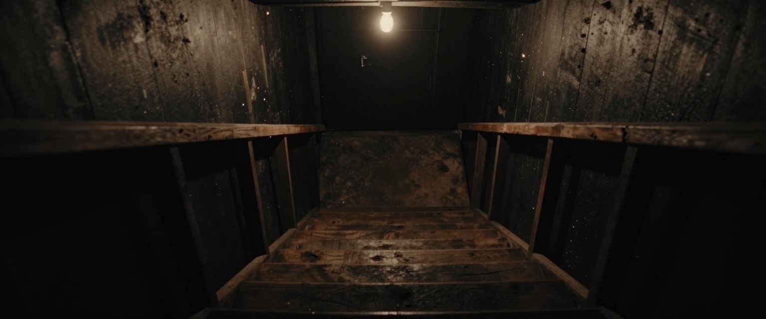 Return: steep wooden stairs leading down into a pitch-black basement, a bare bulb hanging above the top step