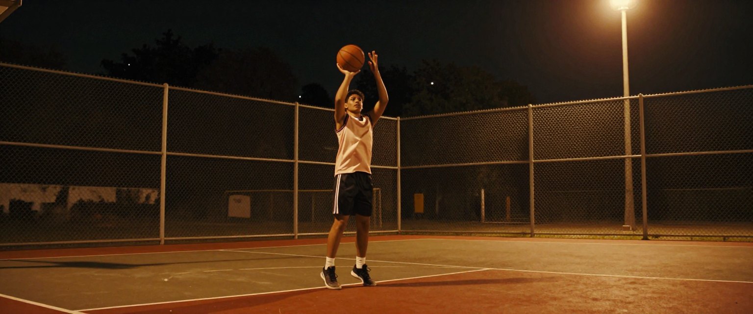 Night Court: a young player shooting hoops alone on an outdoor court at night, one flood light, chain-link fence