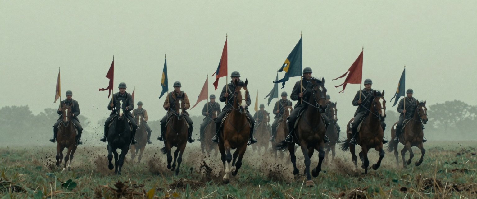 Charge: cavalry charging through a misty field toward camera, flags waving, mud flying