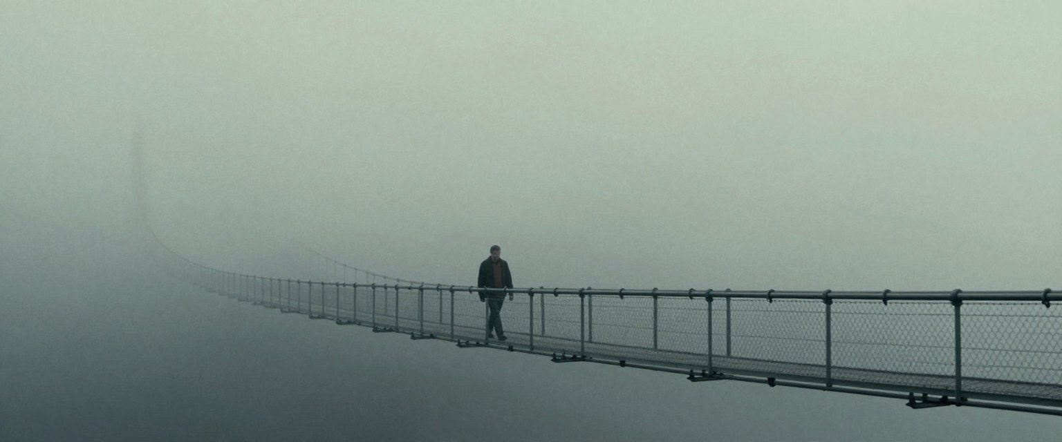 Crossing: a man walking across a long suspension bridge disappearing into thick fog
