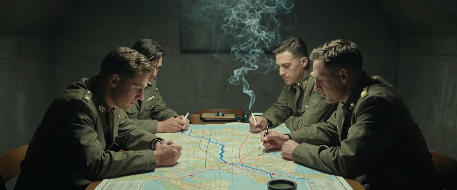 War Room: generals leaning over a lit map table in a concrete bunker, cigarette smoke hanging in the light