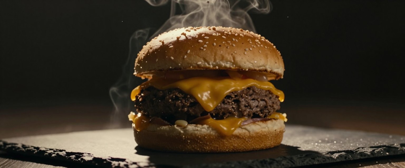 Hero Burger: a tall burger with melting cheese on a dark slate board, steam rising against a black background, backlight catching the steam