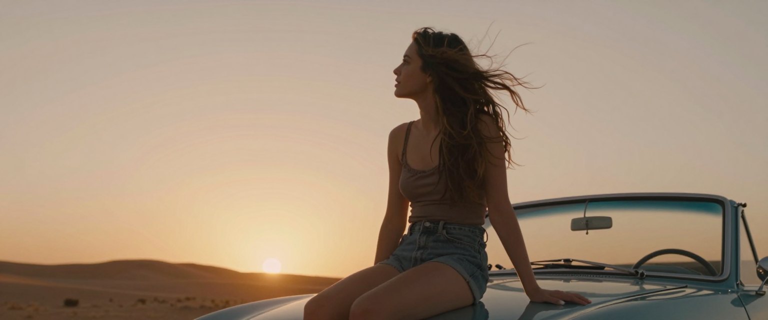 Hood Ride: a young woman sitting on the hood of an old convertible in the desert at sunset, hair lifted by the wind, dust glowing in the warm light
