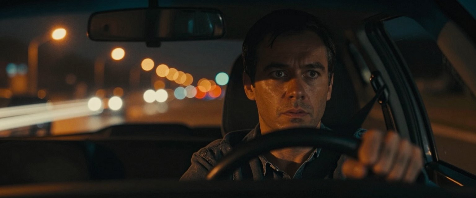 Night Drive: a man driving at night, face lit by passing orange sodium street lights sliding across the windshield