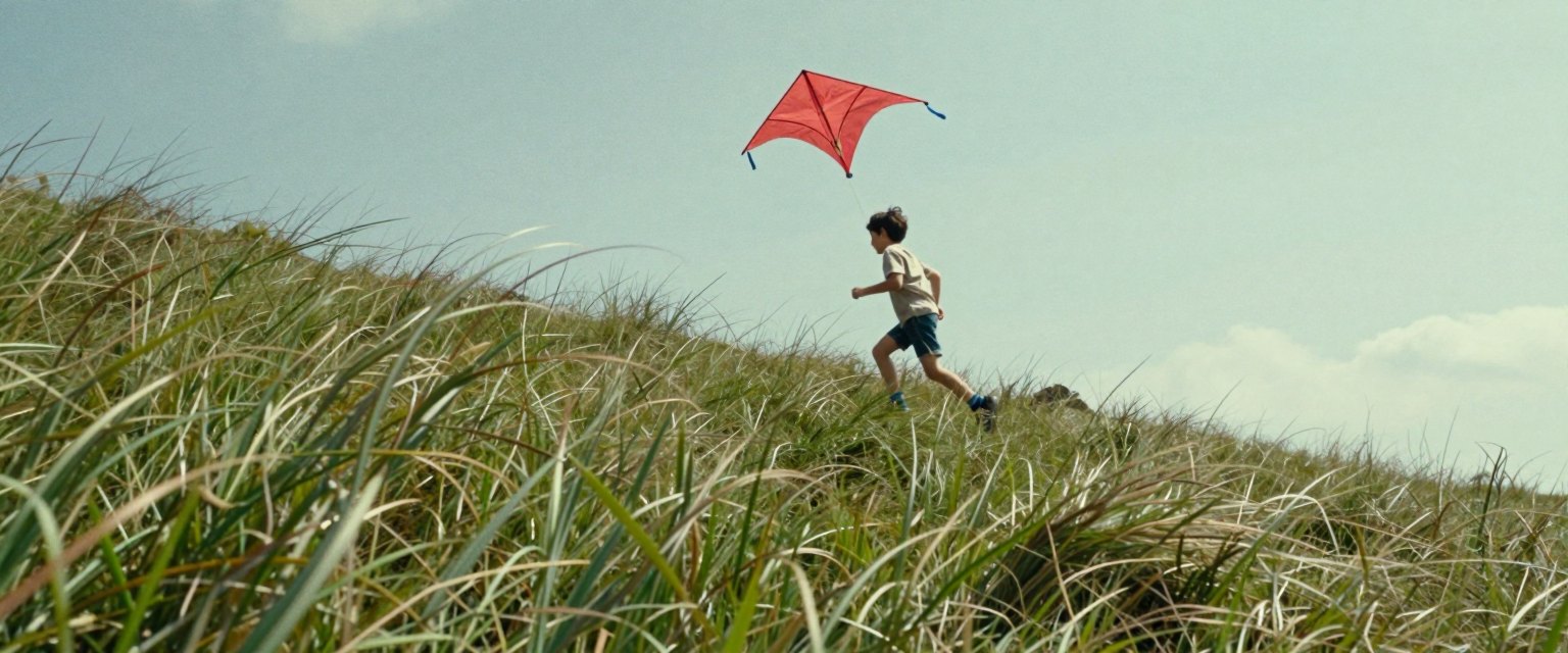 Kite Hill: a child running up a grassy hill with a red kite against a bright sky, wind sweeping the grass