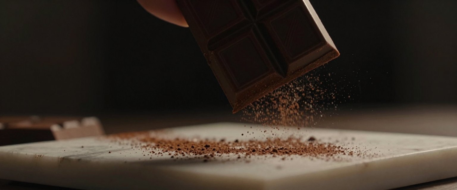 The Snap: a bar of dark chocolate held above a white marble slab, fine cocoa dust floating in a beam of hard side light, black background