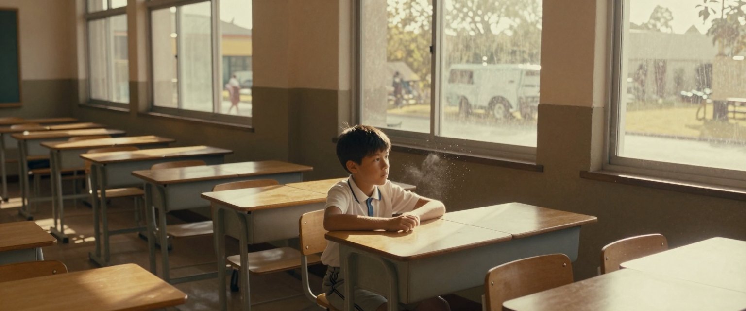 Detention: a boy sitting alone in a classroom after school, afternoon sun through tall windows, chalk dust hanging in the air