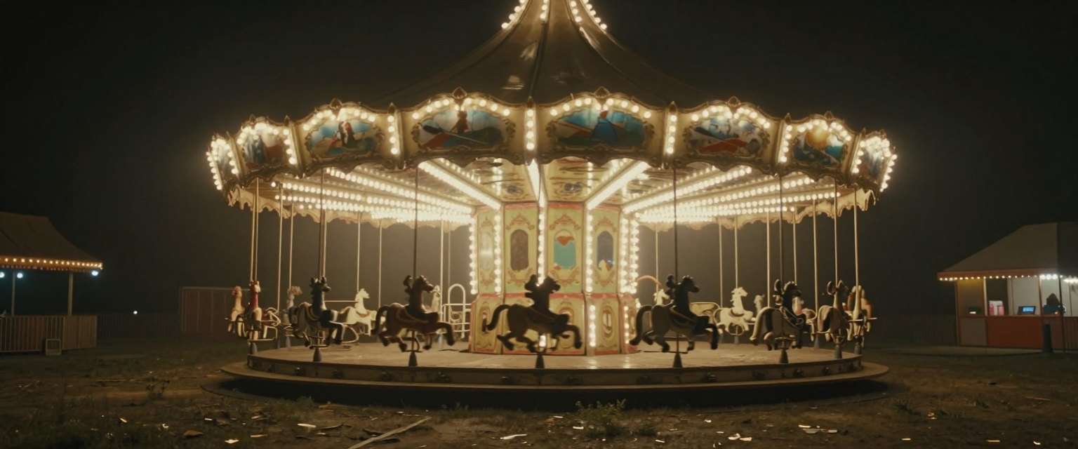 Carnival: an abandoned carnival at night, a lit merry-go-round turning slowly with no riders, fog
