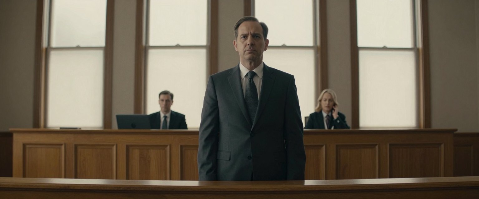Verdict: a defendant standing in a wood-panelled courtroom as the jury foreman rises, tall windows behind