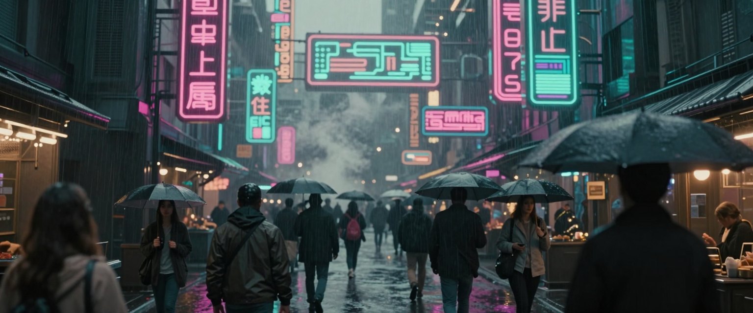 Neon District: a crowded futuristic street market in heavy rain, holographic signs in unknown symbols, people with umbrellas, steam from vents