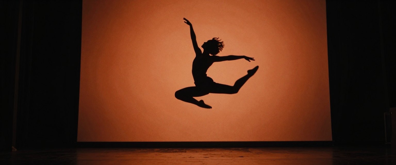 Silhouette: a contemporary dancer mid-leap silhouetted against a huge glowing orange backdrop in a dark studio
