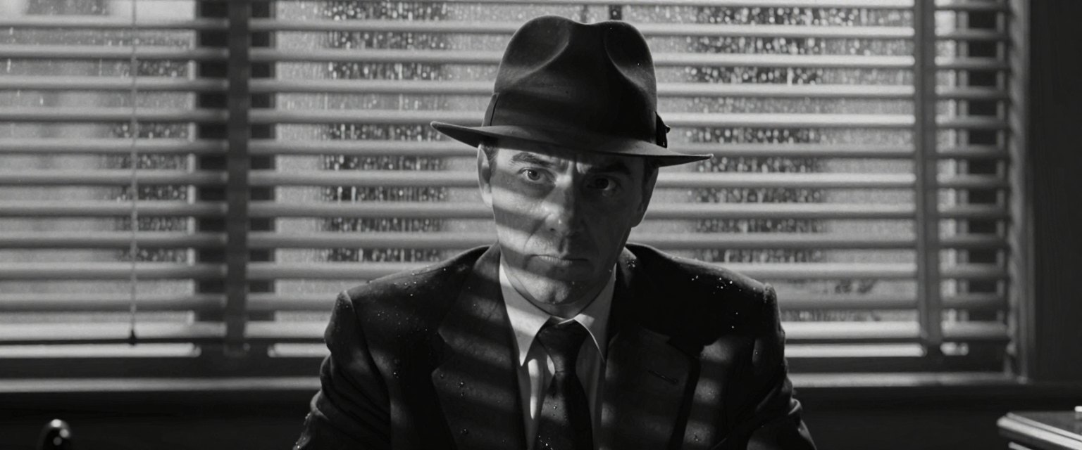 Rain Office: a private detective in a fedora at his desk, venetian blind shadows striping his face, rain on the window