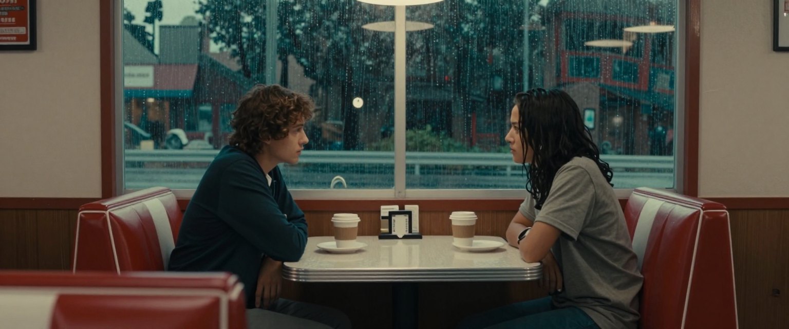 Midnight Diner: two strangers sitting across from each other in a red vinyl booth at an empty roadside diner, rain on the window, coffee cups between them