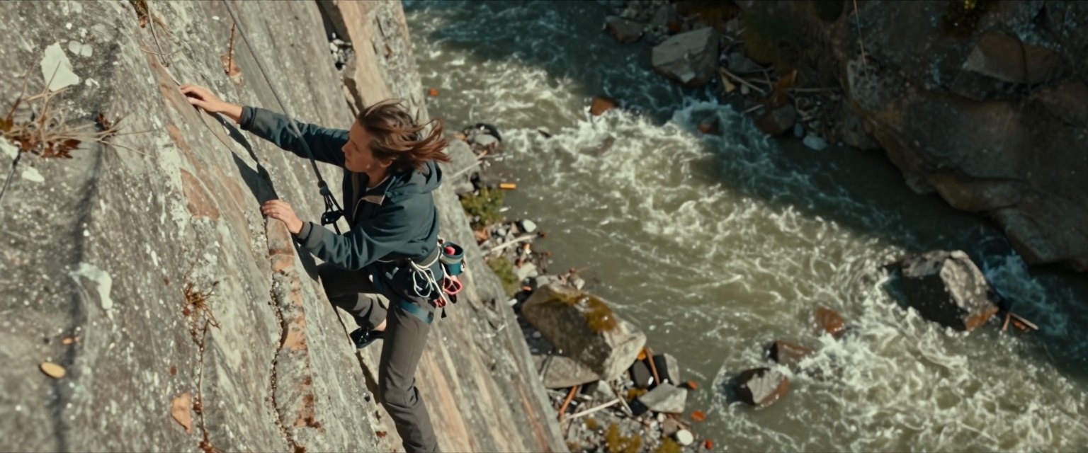 Edge: a climber on the edge of a sheer cliff looking down at a river far below, wind in her jacket, the rock face dropping away