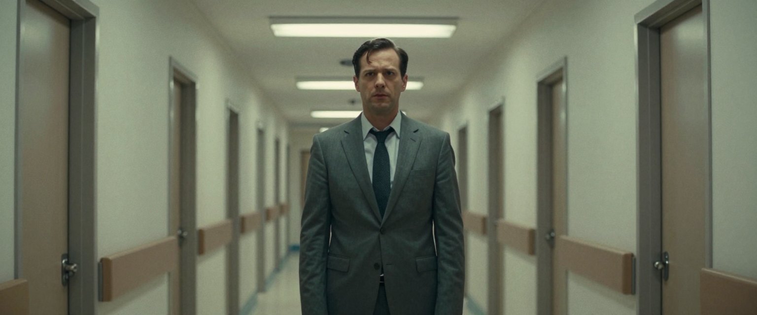 Vertigo Corridor: a man in a grey suit standing still at the end of a long hospital corridor under flickering fluorescent tubes, doors on both sides