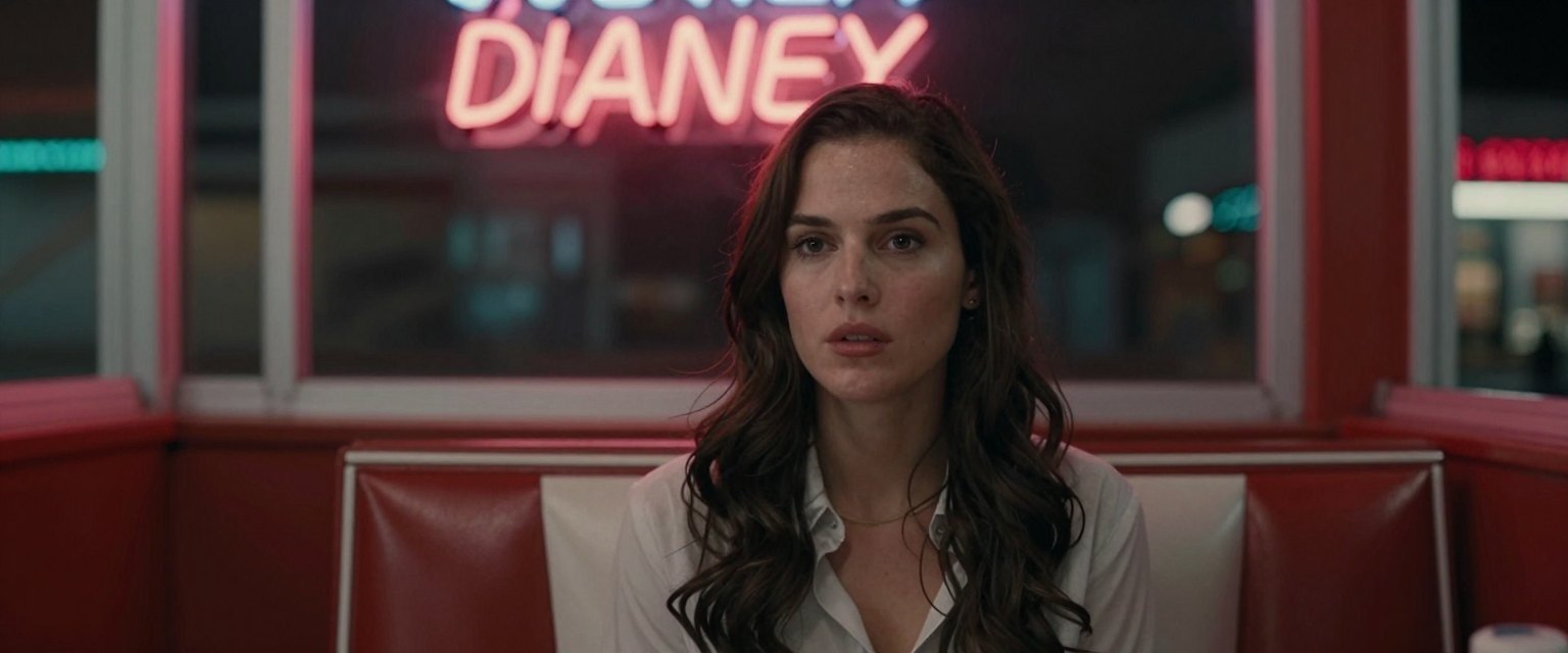 Last Booth: a woman alone in a red booth of an empty roadside diner at night, a neon sign glowing through the window behind her