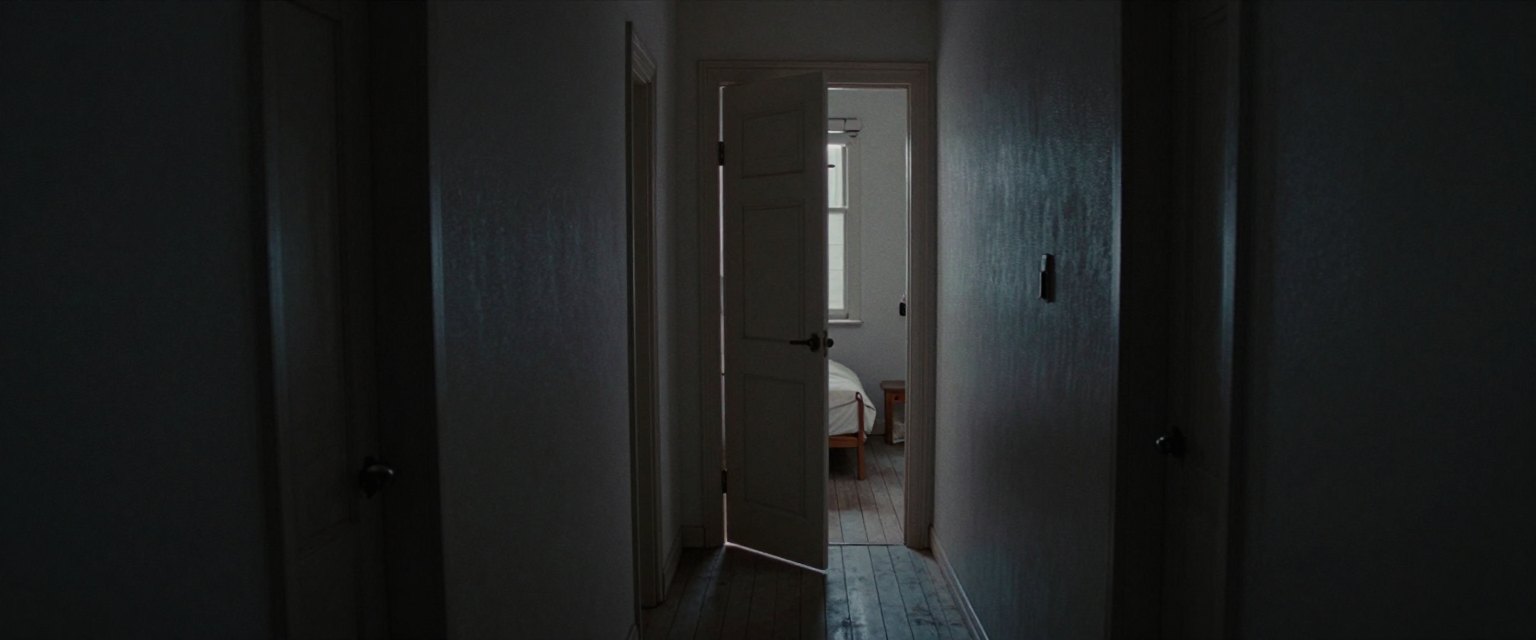 Ajar: a dark narrow hallway in an old apartment at night, a bedroom door at the far end standing a few centimetres open, a thin line of grey light on the floorboards