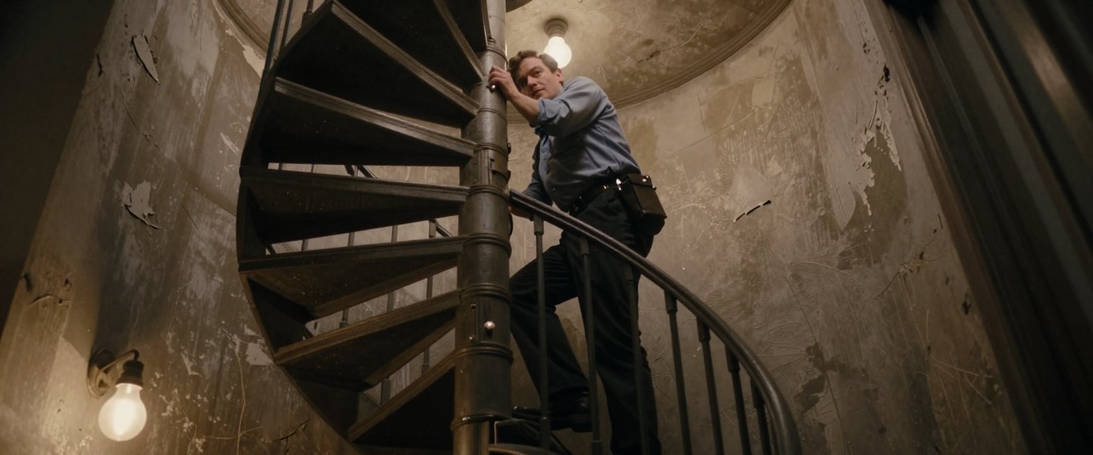Off Axis: a detective climbing a narrow spiral stairwell in an old tenement, one bare bulb per floor, peeling paint