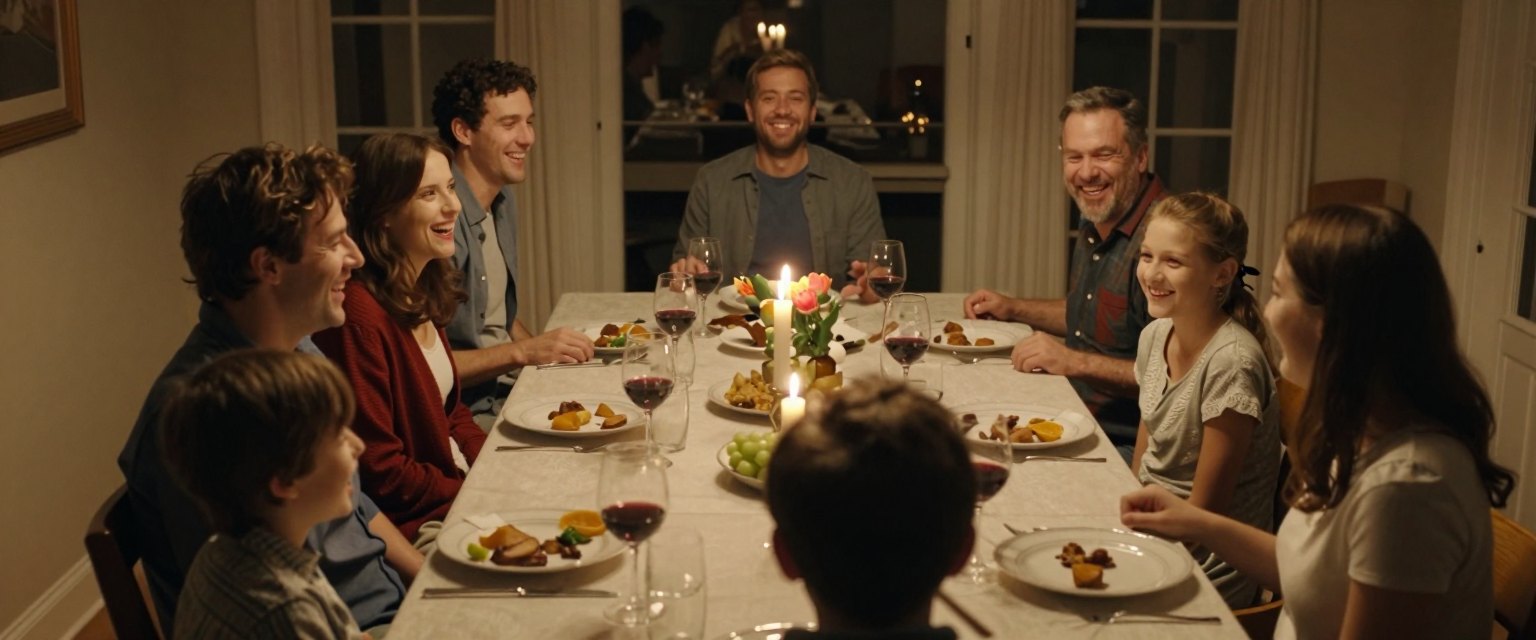 Sunday Dinner: a large family laughing around a long dinner table in a warm dining room, candles and wine glasses