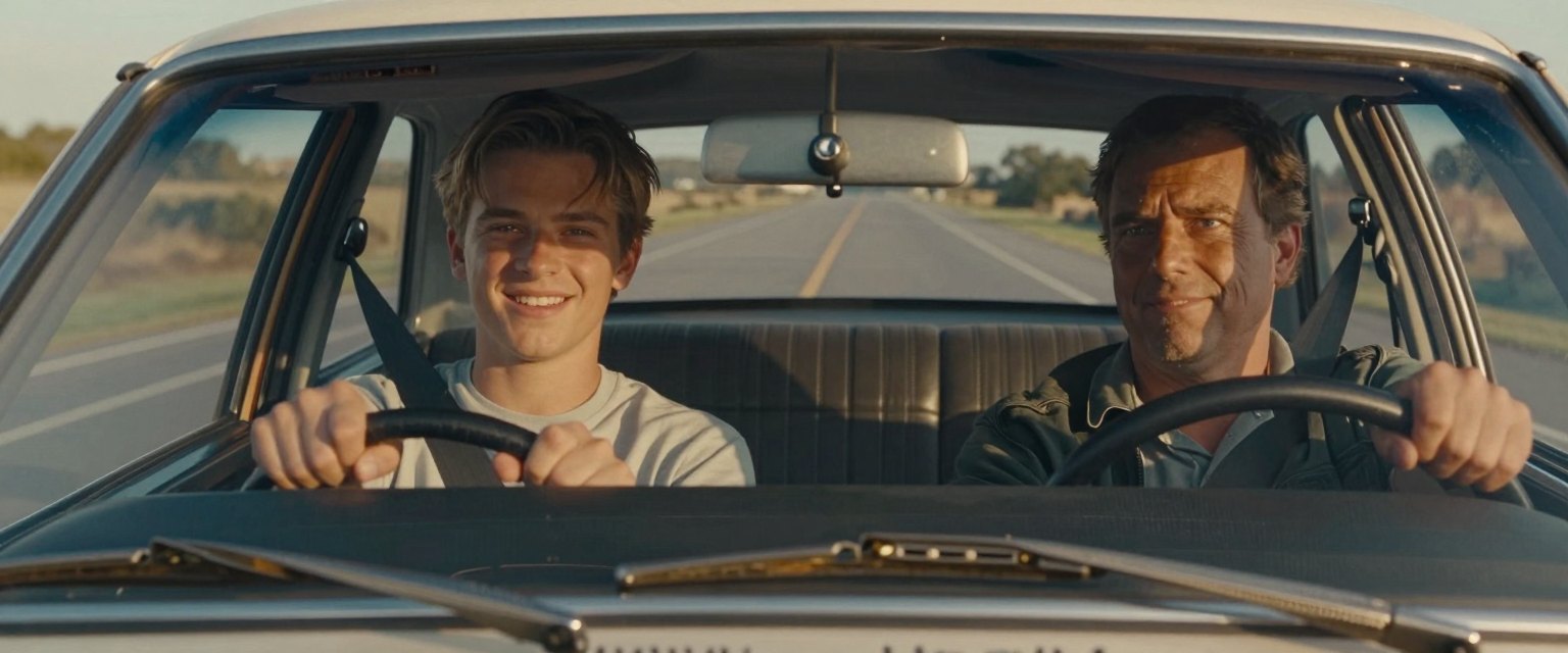Driving Lesson: a teenage son behind the wheel of an old car with his father in the passenger seat, empty country road, summer light
