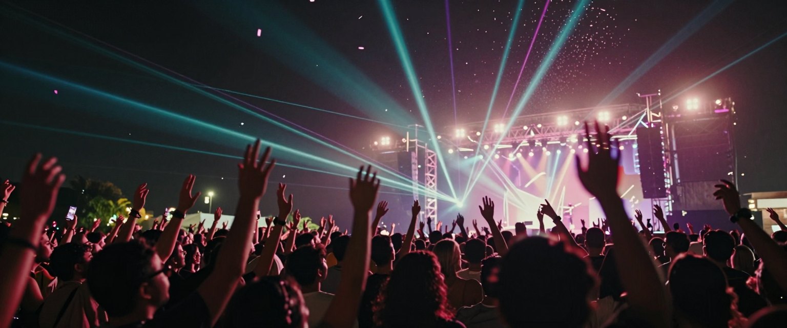 Main Stage: a festival crowd with hands raised at night, lasers and confetti over their heads, stage lights blasting