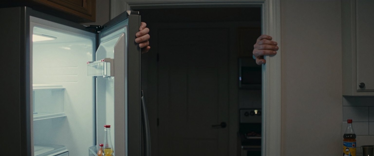 Too High: a kitchen at night lit only by the open fridge, beyond it a dark doorway, four long pale fingers resting on the top edge of the door frame