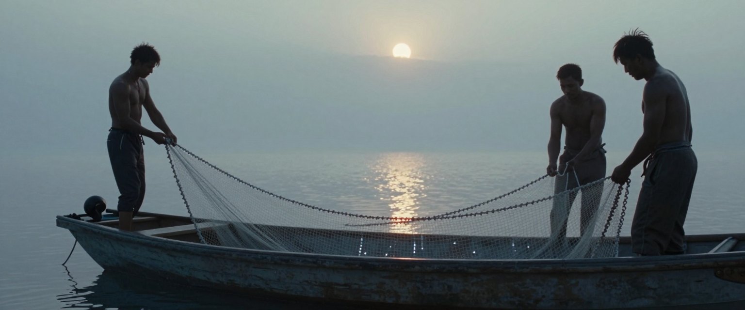 Nets: fishermen hauling a net onto a small wooden boat at dawn, silver fish shimmering, mist on the sea