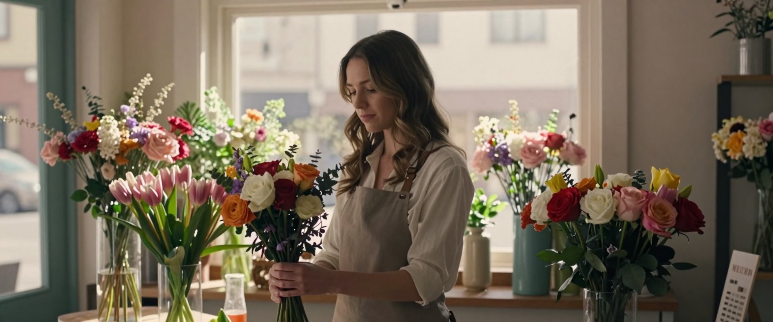 Petals: a florist arranging a bouquet in a small shop full of flowers, morning sun through the window