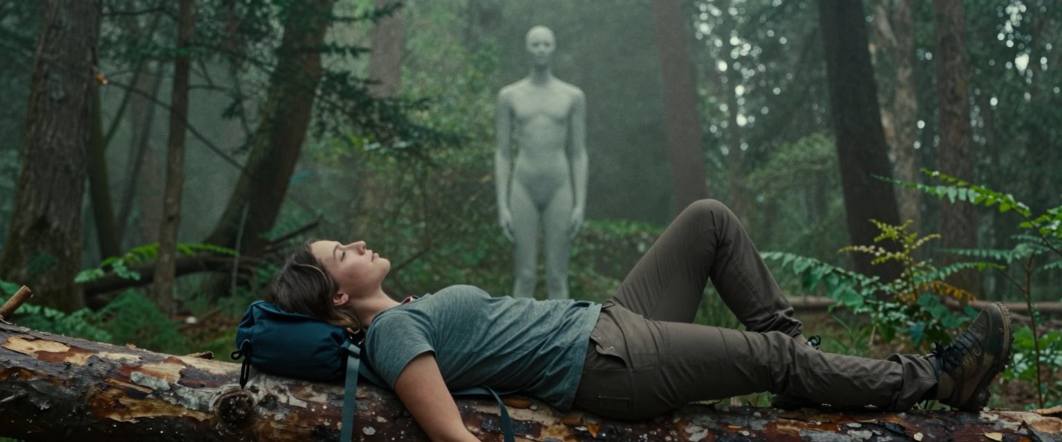 Out of Focus: a hiker resting on a fallen log in a misty forest, sharp in the foreground; far behind her, soft and out of focus between the trees, a tall pale shape stands still