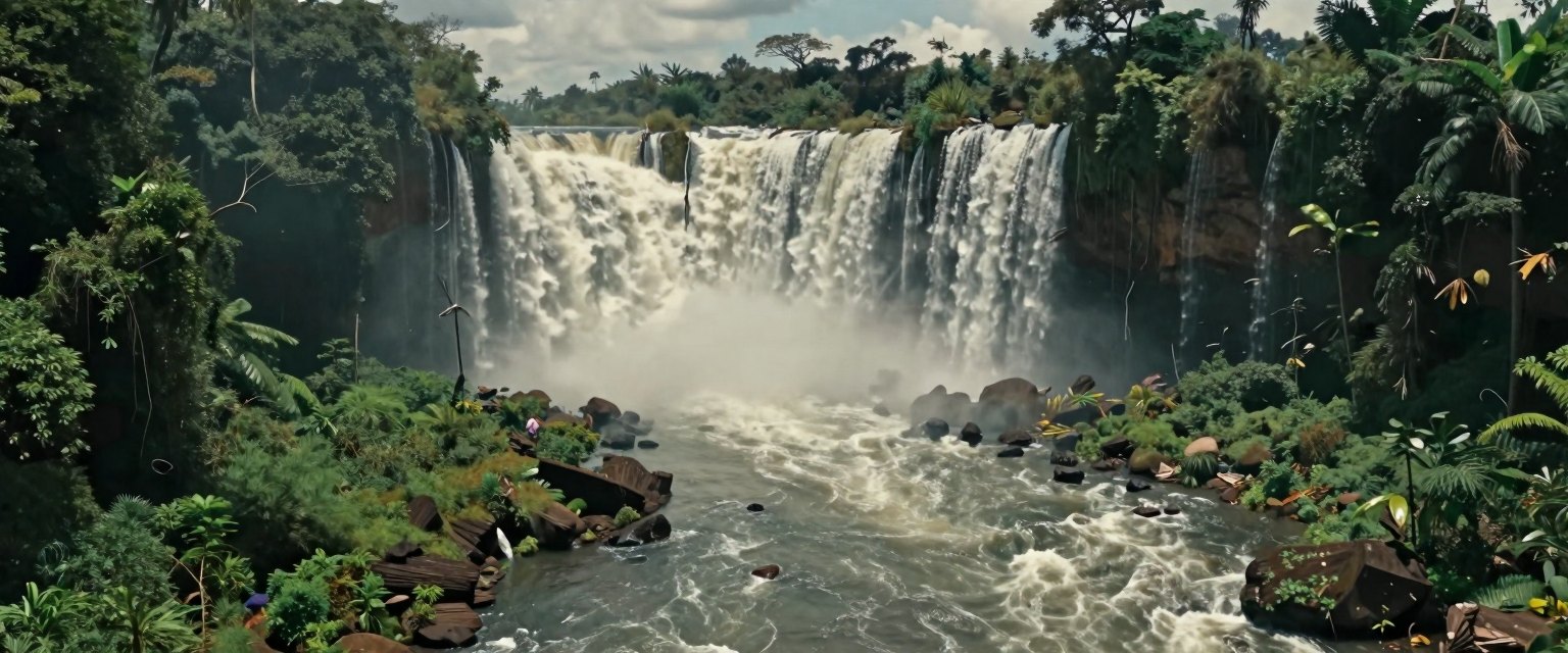 Over the Edge: a jungle river racing toward a huge waterfall, mist rising, dense green canopy on both sides