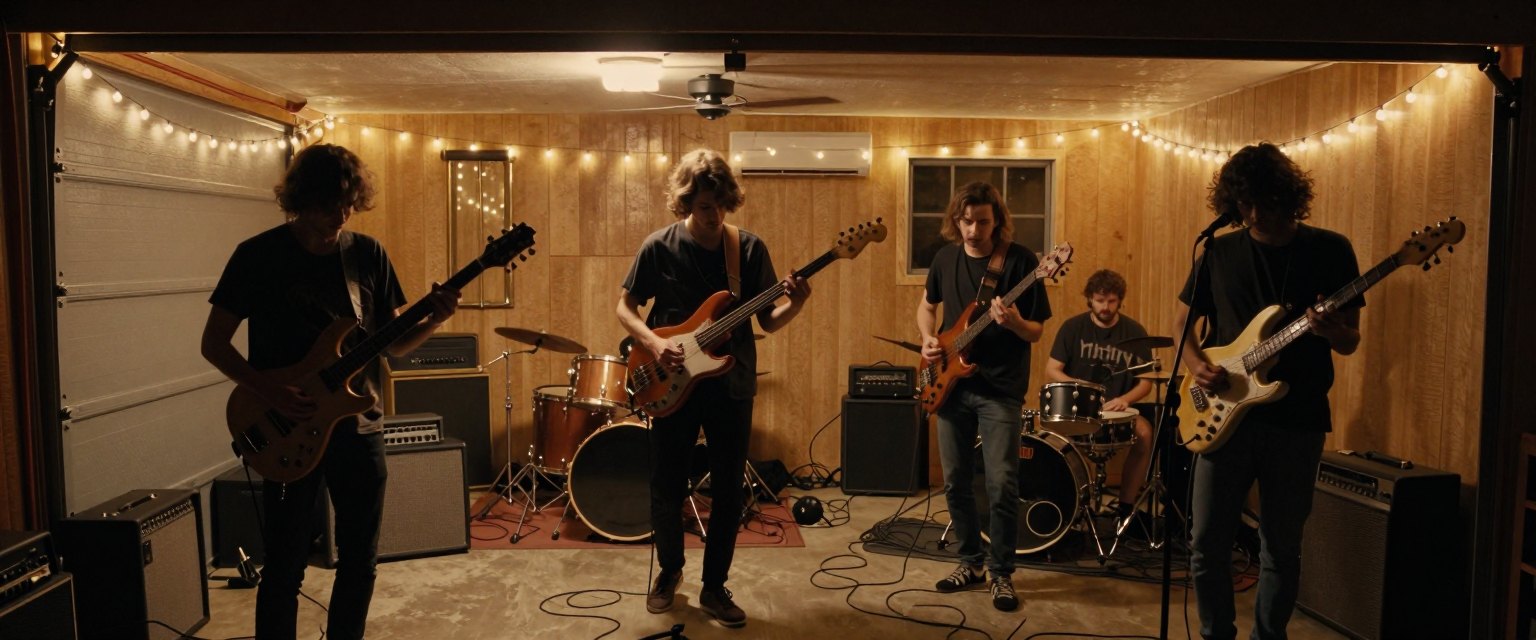 Garage Set: a four-piece band playing in a cramped garage, string lights and amplifier glow, drummer in the back, cables all over the concrete floor
