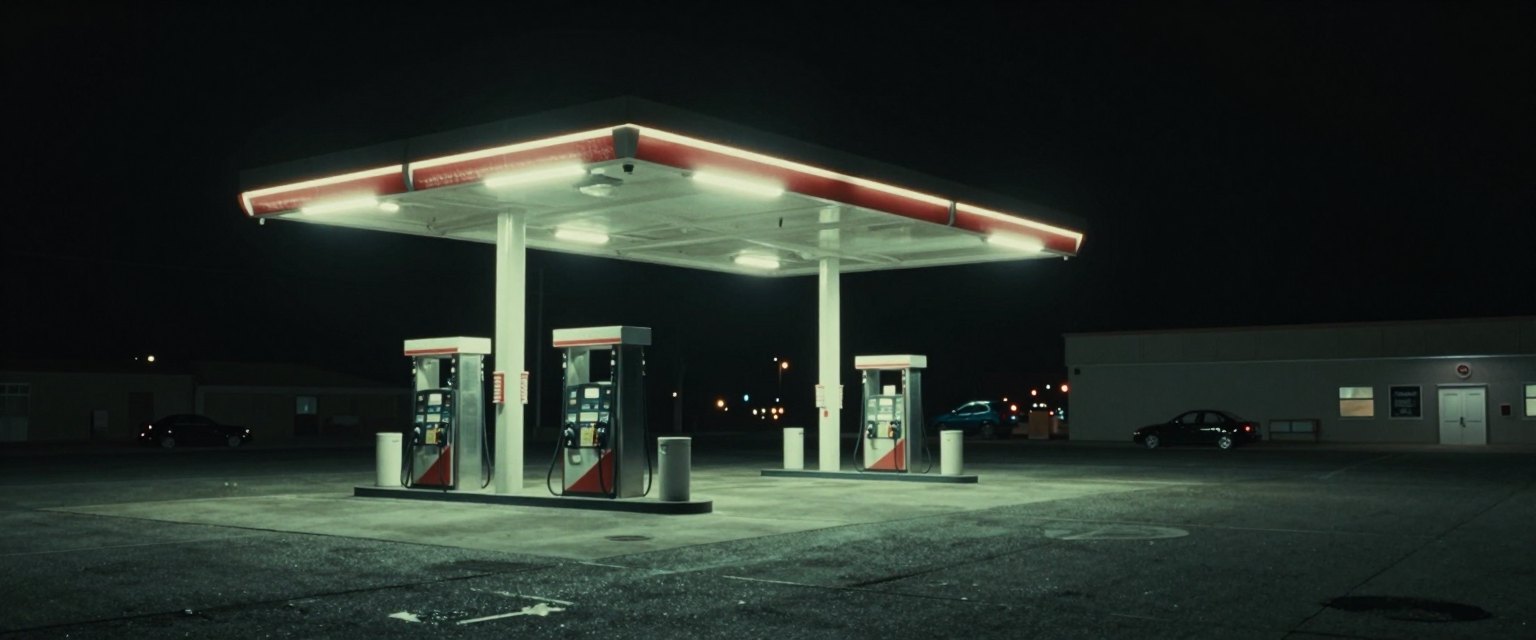 Last Stop: an isolated gas station glowing in the middle of nowhere at night, a single car at the pump