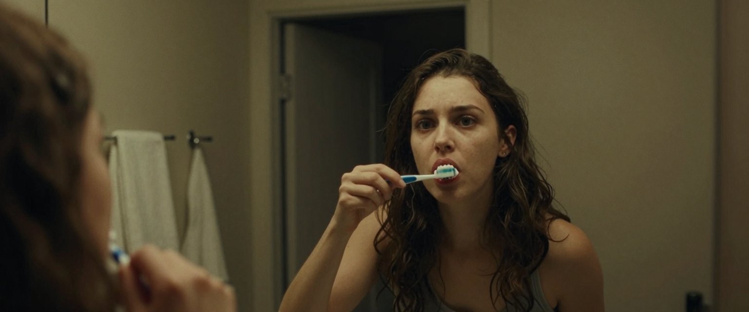 Reflection: a woman brushing her teeth in a dim bathroom mirror, behind her the dark doorway of the hall