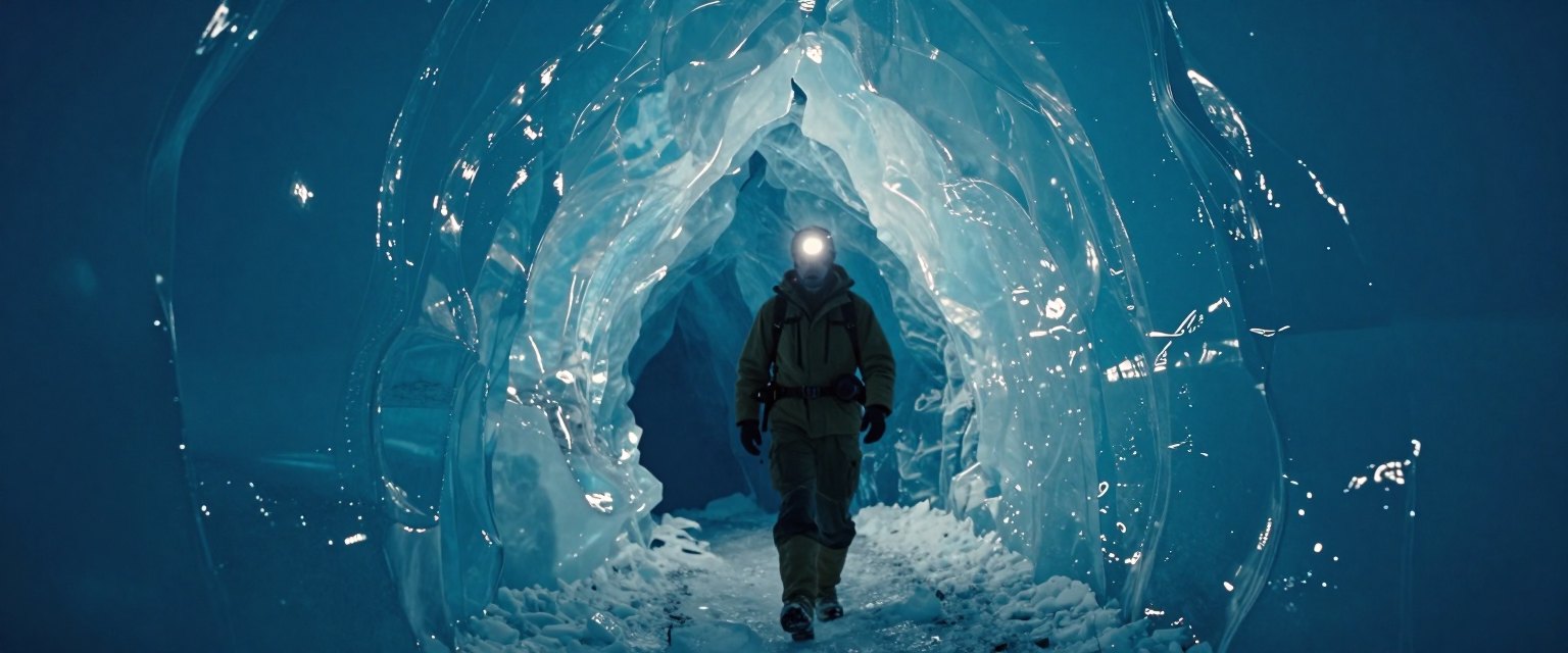 Ice Cave: an explorer with a headlamp inside a glowing blue glacier ice cave, ice walls translucent