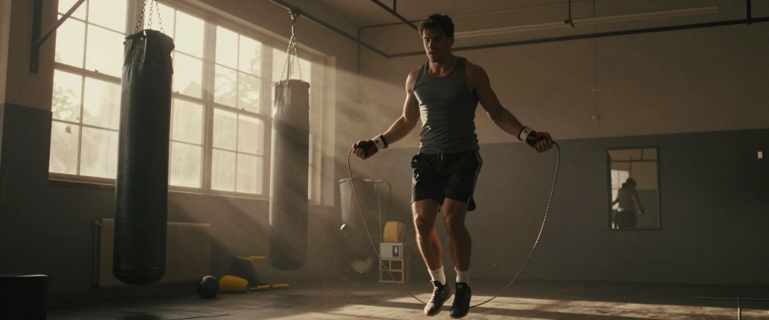 Grind: a boxer skipping rope in an old gym at dawn, light through dirty windows, dust in the air