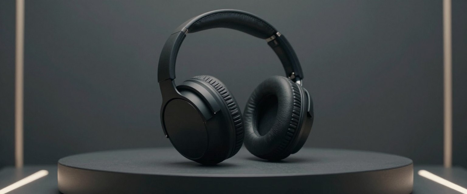 Turntable: matte black over-ear headphones on a slowly rotating round plinth, seamless graphite backdrop, two thin strip lights tracing the edges, no logo