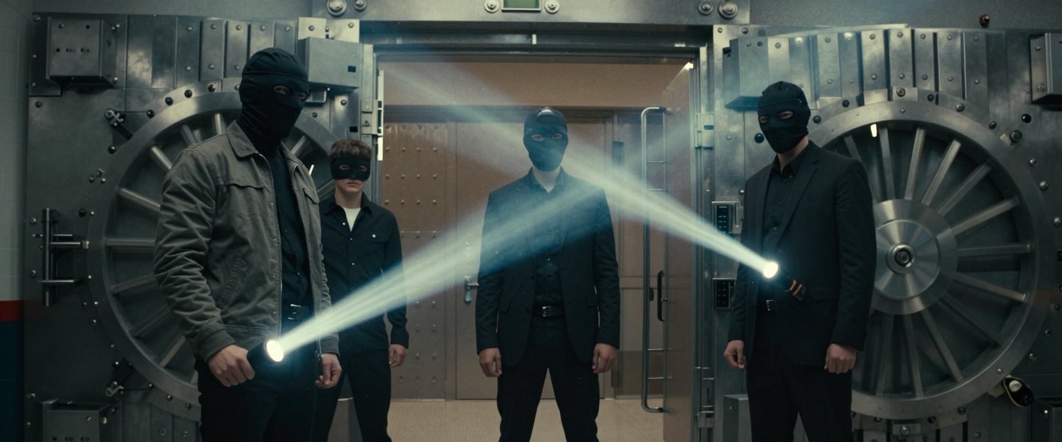 The Vault: three masked figures standing in front of an open steel bank vault, beams of flashlights crossing through dusty air