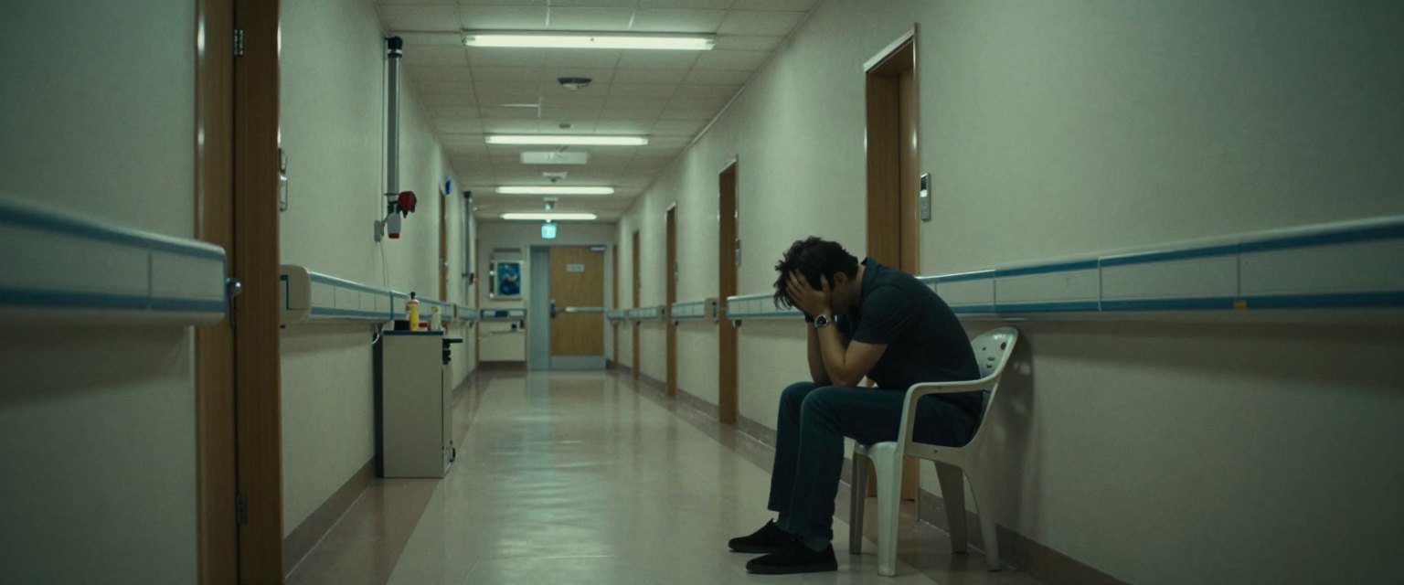 Waiting: a man sitting alone on a plastic chair in a long hospital corridor at night, head in hands, fluorescent light flickering