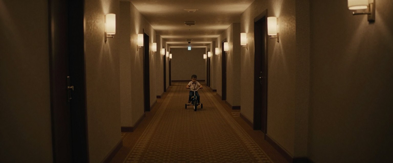 Room 237: a long symmetrical hotel hallway with patterned carpet and dim wall sconces, a small child on a tricycle in the distance