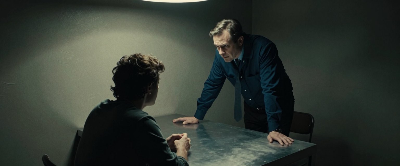 The Room: a detective leaning over a metal table toward a suspect in a small interrogation room, one hard light above the table, deep shadows on the walls