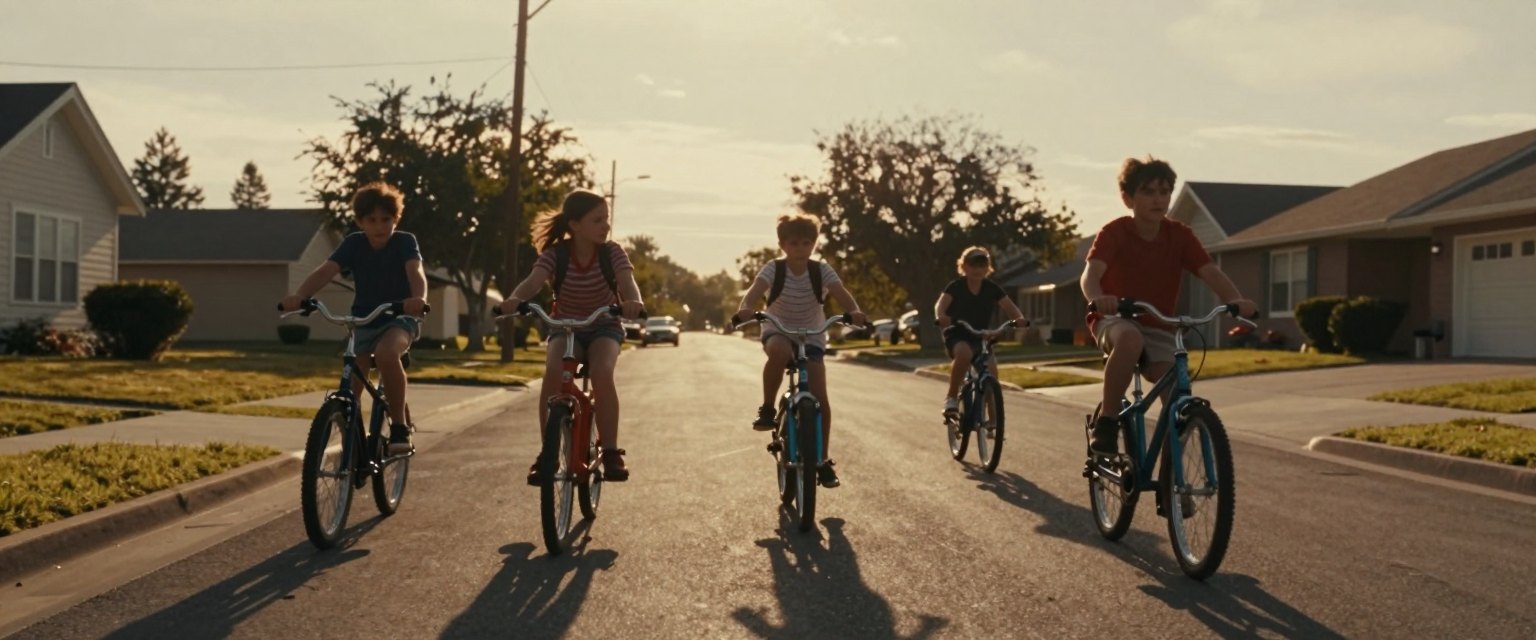 Summer Gang: four kids riding bikes down a suburban street at sunset, long shadows on the asphalt