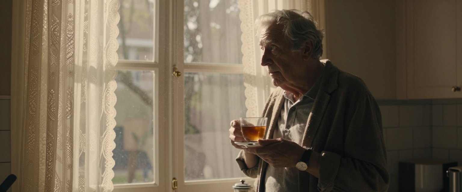 Morning Kitchen: an elderly man standing at a kitchen window holding a cup of tea, soft morning light through lace curtains, dust floating in the beams