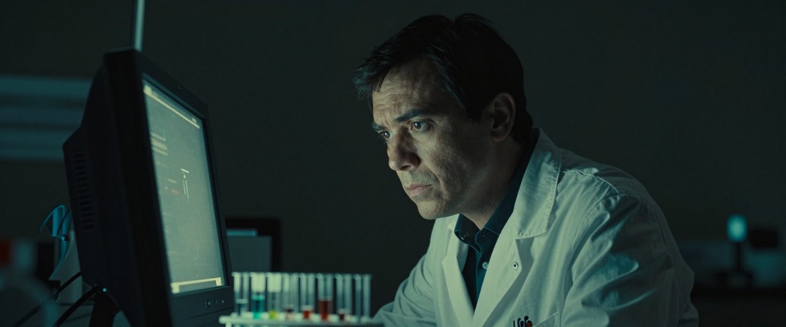 Night Shift Lab: a scientist in a white coat alone in a dark laboratory, face lit by the green glow of a monitor and rows of glowing sample tubes
