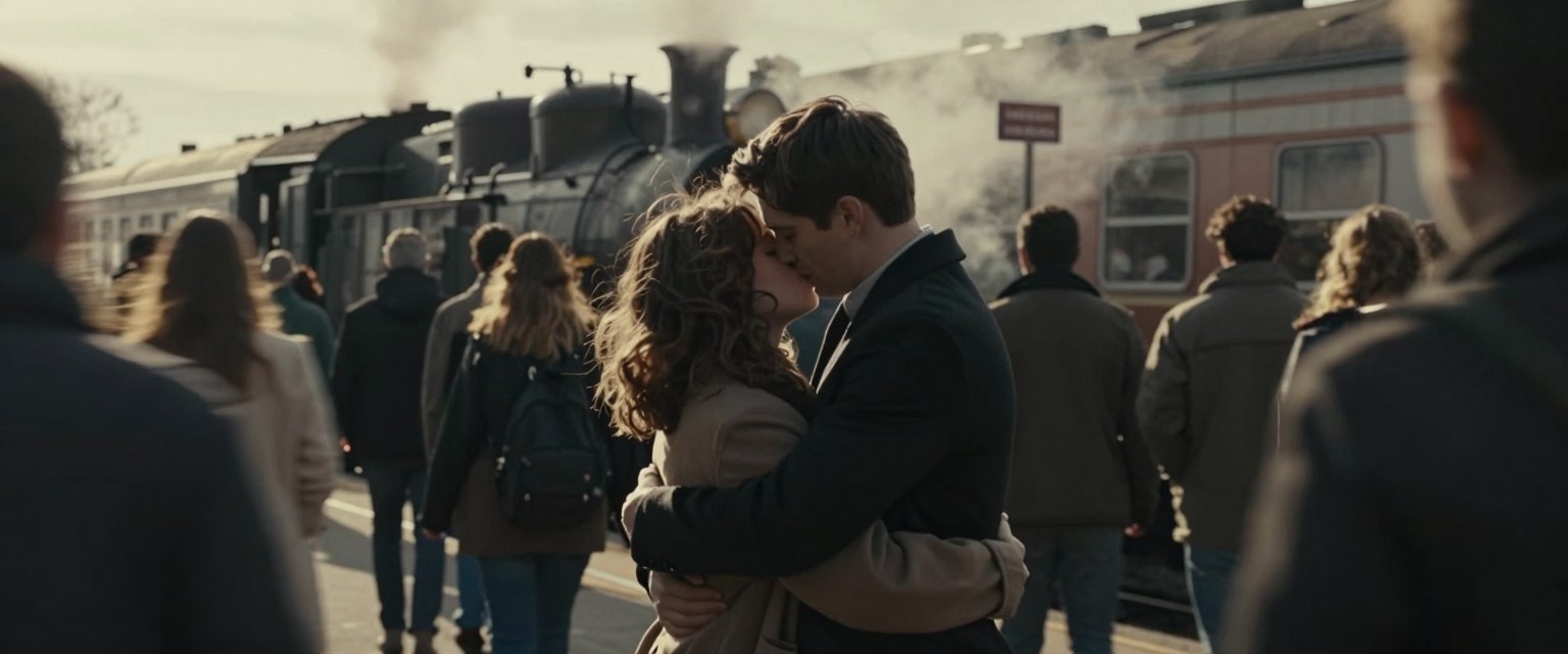 Goodbye: a couple embracing on a crowded train platform, steam from an old locomotive, crowd blurred around them
