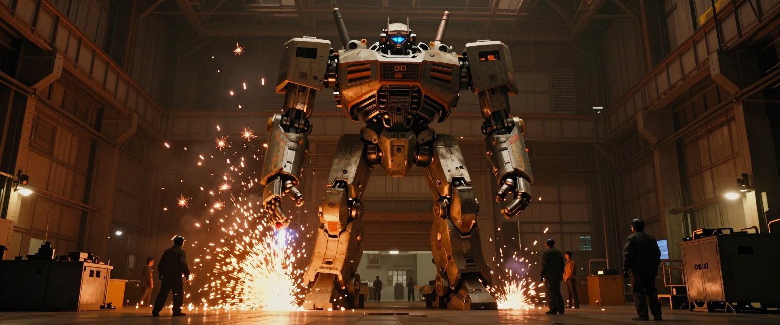 Hangar Nine: a giant battle robot standing in a vast dim hangar, sparks from welders at its feet, workers tiny beside it