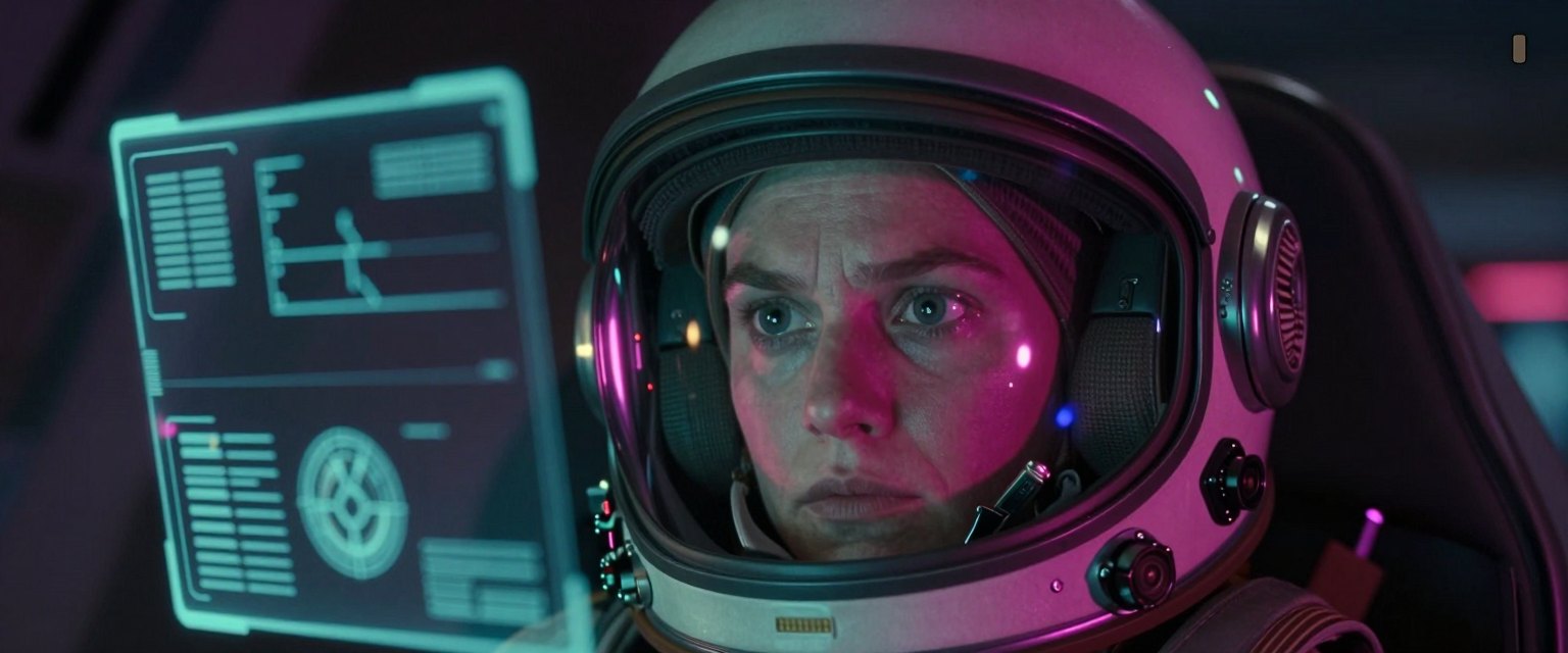 Sync: a pilot in a futuristic cockpit with holographic displays reflecting on her helmet visor, face intense