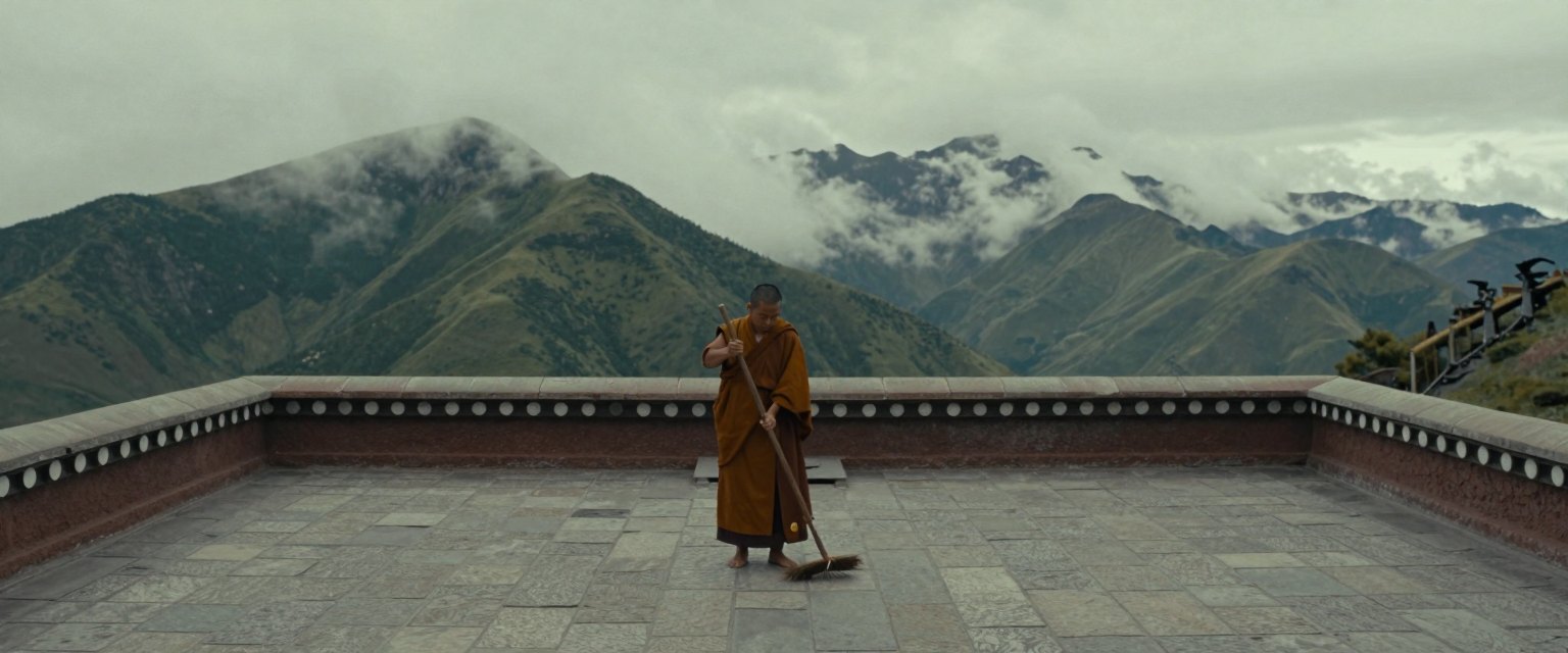 Temple: a monk sweeping the stone courtyard of a mountain temple, clouds rolling over peaks behind